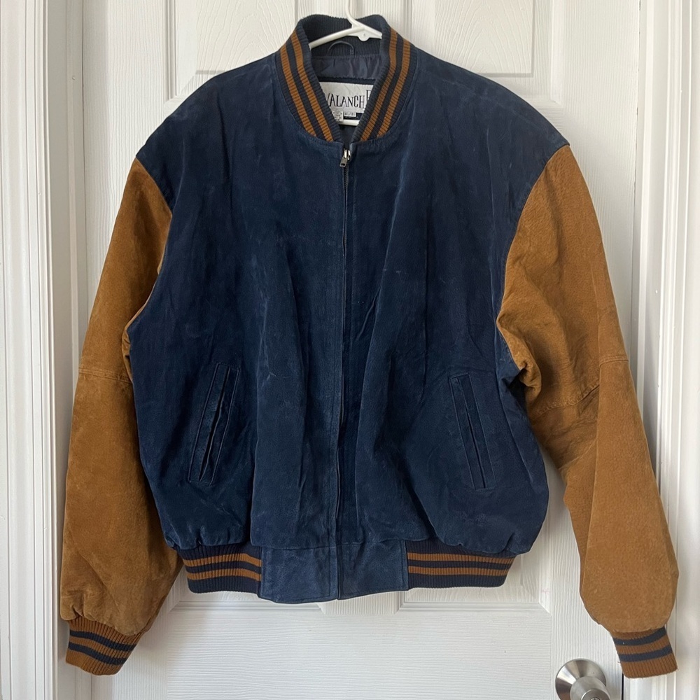 Avalanche Blue Brown Suede Leather Bomber Jacket XXL